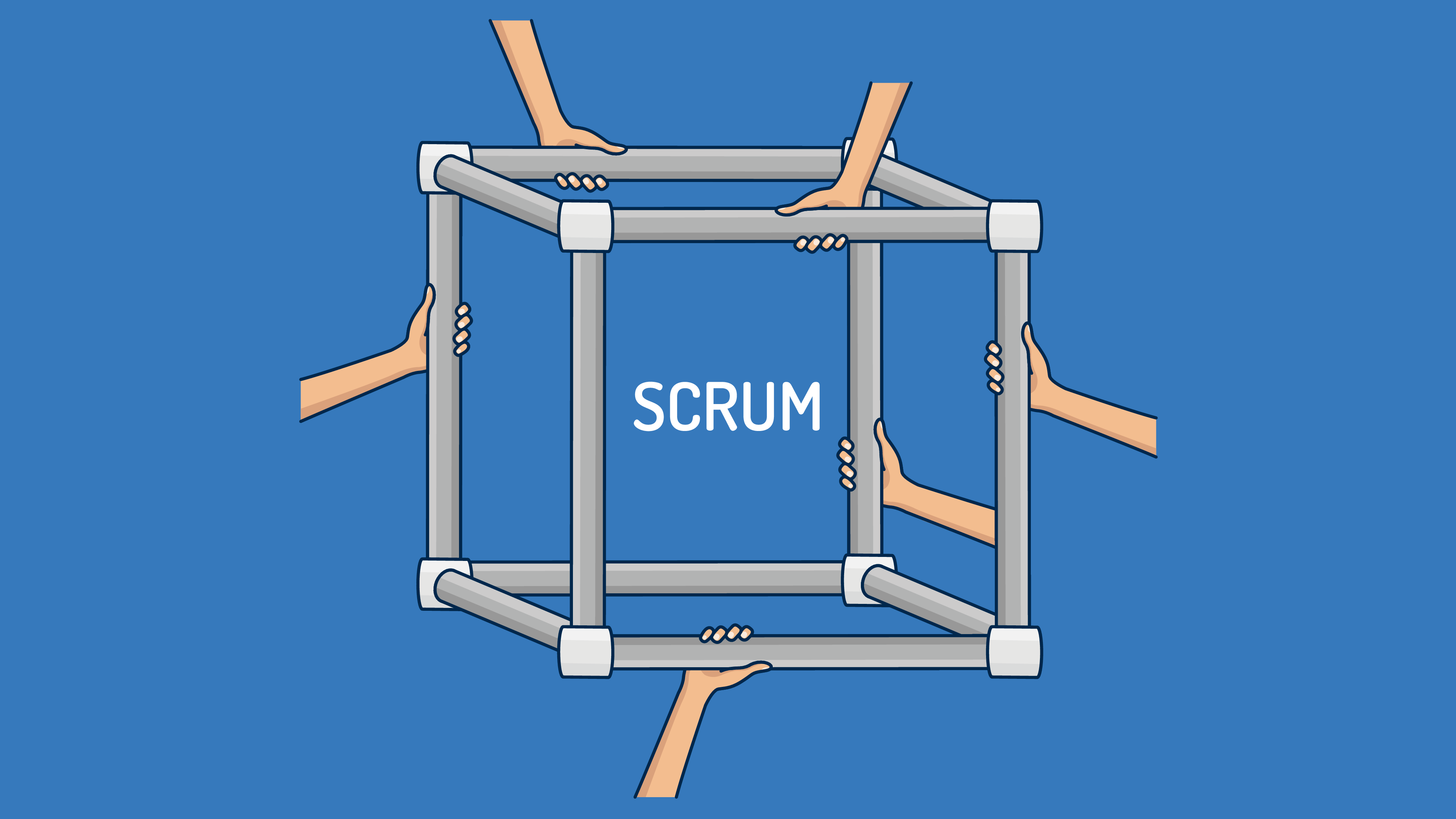 The Scrum framework is deliberately incomplete, as represented by a cube made up of structural rods, each held in a Scrum team member's hand.