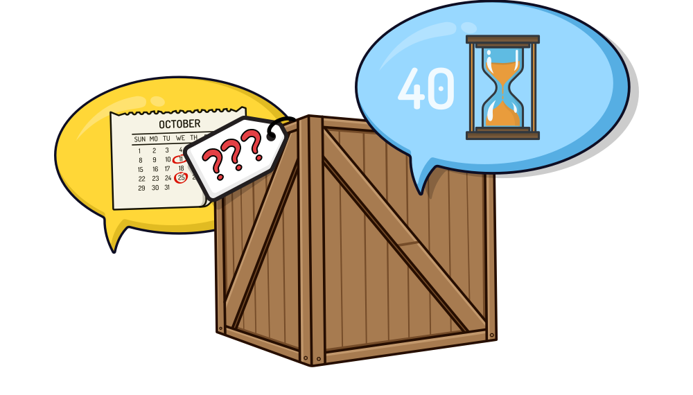 Agile estimation is a way of buying knowledge (cost, time, scope, and so on). A box is shown with question marks for its label. Two thought bubbles rise out of the box, one shows an hour glass and the other a calendar.