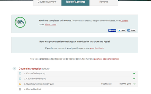 Notice of Completion of Scrum and Agile Intro Course