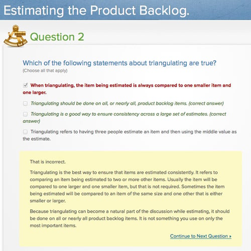 Sample quiz question from online agile training