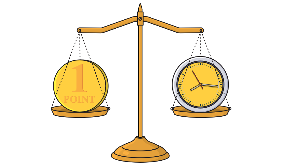 Scrum teams create estimates at two different times and at two different levels. One side of a scale holds a clock, representing time. This is the absolute, time based estimate teams use during sprint planning at the sprint backlog level. On the other side of the scale is a 1-point coin. This represents the abstract, relative estimates teams use at the product backlog level. 